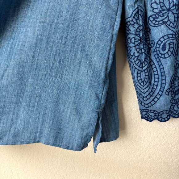 Soft Surroundings Chambray Embroidered Flare Bell Sleeve V-Neck Blouse Top - Picture 7 of 8